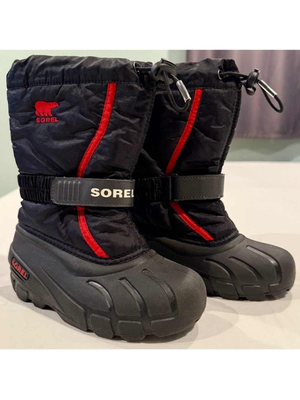 Sorel Winter Boots Boys 13 Girls Snow Flurry Insulated Removable Liner Black Red